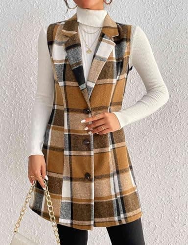 IDEALSANXUN Wool Plaid Vest for Women Fall Winter Sleeveless Blazer Jackets