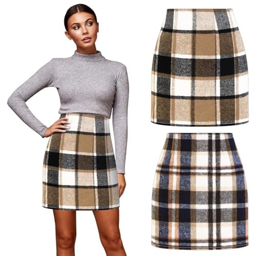 Coume 2 Pack Women's Wool Plaid Mini Skirts 2025 Trendy High-Waisted Pencil Bodycon — Brown, Dark Khaki