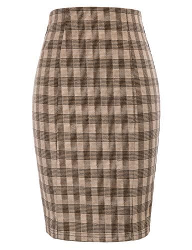 Women's Kate Kasin Knee-Length Elastic Waist Stretch Plaid Business Skirt — Plaid Light Brown