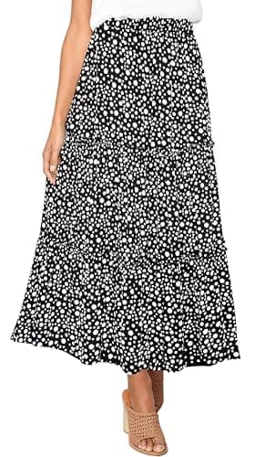 Afibi Women's High Waist A-Line Ruffle Swing Maxi Skirt with Pockets — Black Dot
