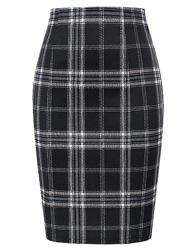 Women's Kate Kasin Knee-Length Elastic Waist Stretch Plaid Business Skirt — Plaid Black White