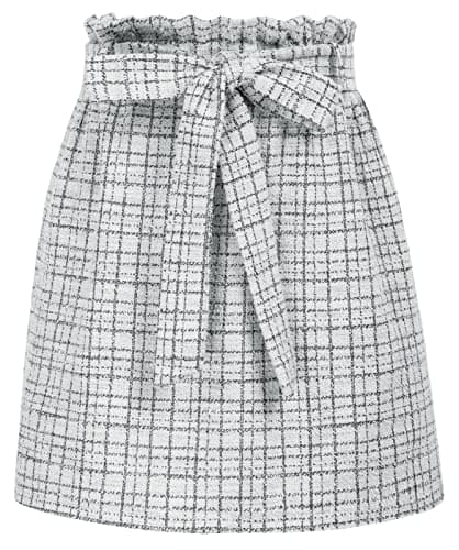 KANCY Women's Casual High Waist Plaid Tweed Mini Skirt with Pockets — White