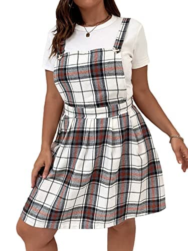 WDIRARA Women's Plus Size Plaid Knee-Length Pinafore Overall Dress