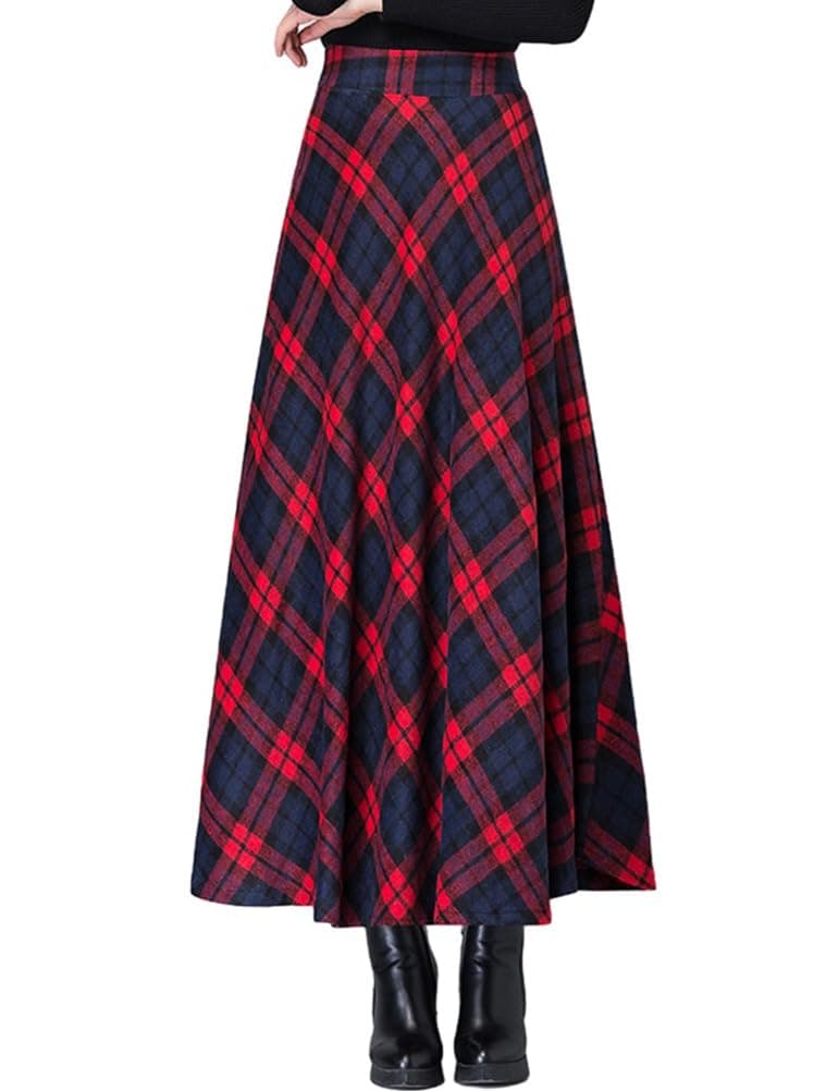 SUNYUESTAR Warm Elastic Plaid A-Line Long Skirt for Women