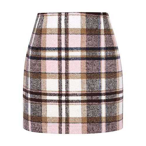 Yuemengxuan Women's Wool Plaid High Waist A-line Skirt — Mini Length Pink