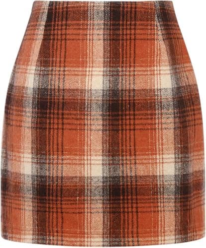 WIFFGO Women's High-Waisted Plaid Wool Mini Skirt — Orange