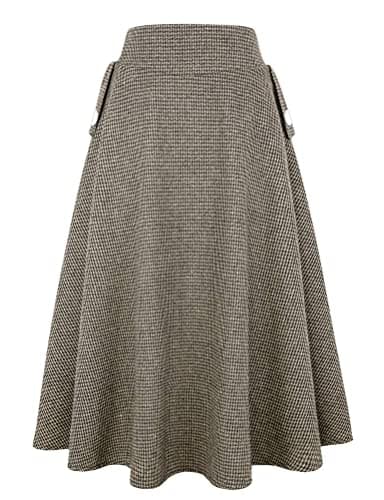 Women's High Waisted Wool Plaid A-line Skirt for Fall/Winter — Khaki