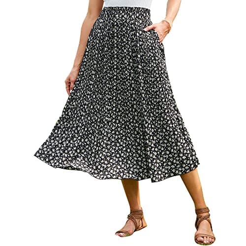 EXLURA Women's High Waist Pleated Polka Dot Maxi Midi Skirt with Pockets — Black Floral- Daisy