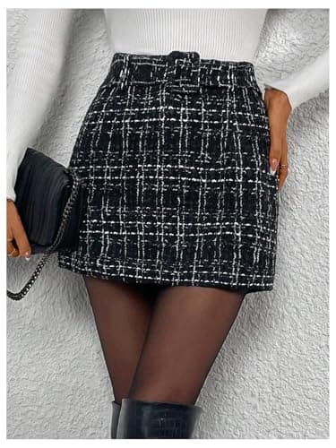 Milumia Women's Plaid High-Waisted Straight Mini Skirt with Tweed Belt