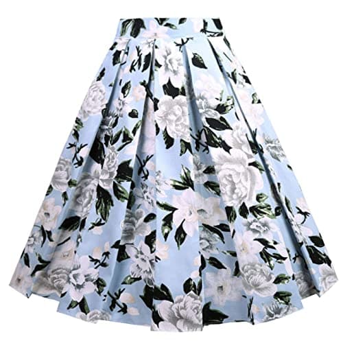 OBBUE Vintage Floral A-line Printed Midi Skirt with Pockets — Blue White Flower