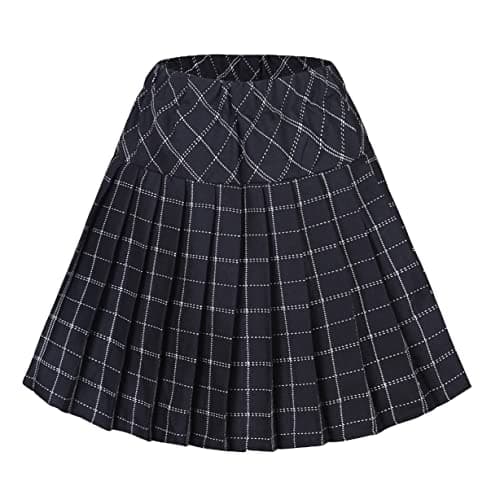 Urban CoCo Women's Elastic Waist Tartan Pleated School Skirt — Series 9 Black