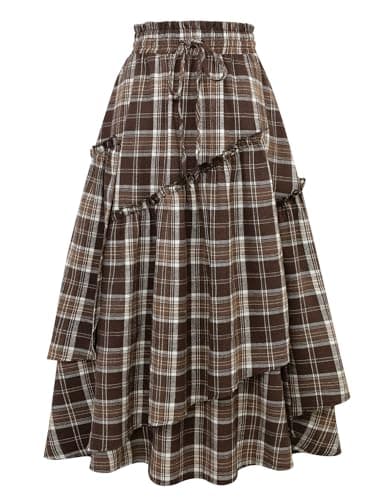 IDEALSANXUN High Waisted Plaid A Line Maxi Skirt with Pockets — Brown