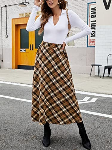 HUSKARY Classic High-Elastic Waist Plaid Midi Skirt for Women