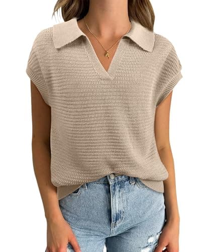 Hollow Out Cap Sleeve V Neck Sleeveless Sweater Vest for Women — Beige