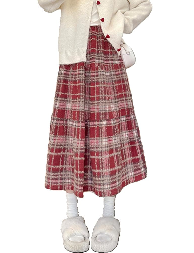 IDEALSANXUN Wool Plaid High Waist Midi Skirt for Women