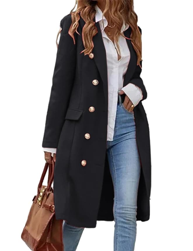 Women's Long Wool Trench Coat for Fall and Winter — Black