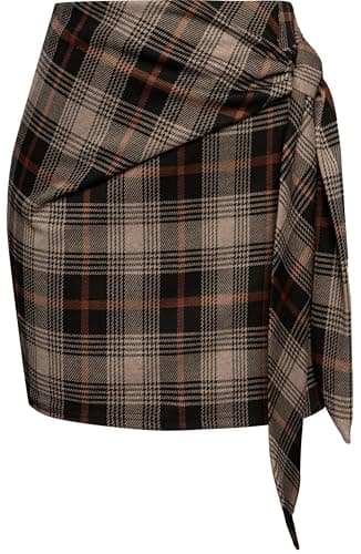 Kate Kasin High Waist Elastic Plaid Mini Skirt with Bow Tie Stretch