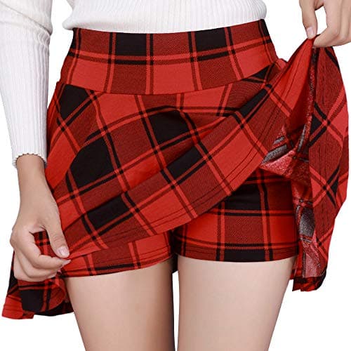DJT Women's Flared Pleated Mini Skater Skirt with Shorts — Red Plaid