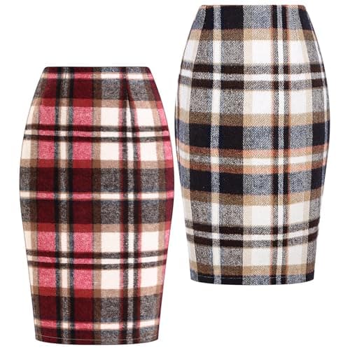 2-Pack Women's Wool Plaid Midi Skirts for Fall/Winter 2024 — Brown, Burgundy