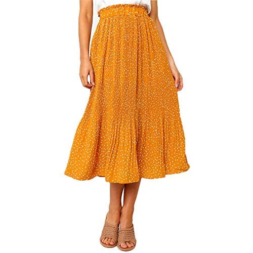 EXLURA Women's High Waist Pleated Polka Dot Maxi Midi Skirt with Pockets — Mustard Yellow