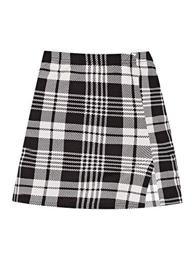Floerns Women's High Waisted Mini Plaid Split Hem Casual Skirt — White Black
