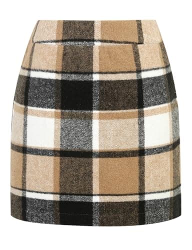 Women's Wool Plaid Mini Skirt with Elastic Waist for Fall and Winter — Brown New