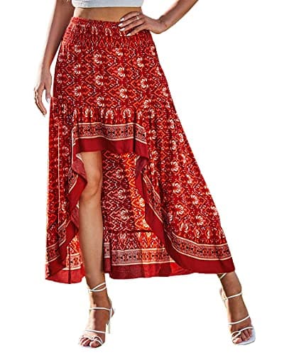 BTFBM Women's 2025 Summer Floral Print Elastic Waist High-Low Boho Maxi Skirt — X - Floral Red