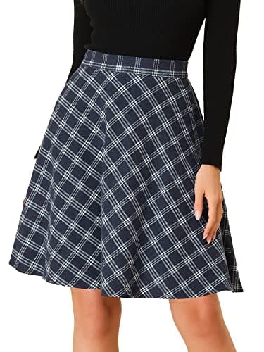 Women's Plaid Elastic Waist Knee Length Skirt — Dark Blue