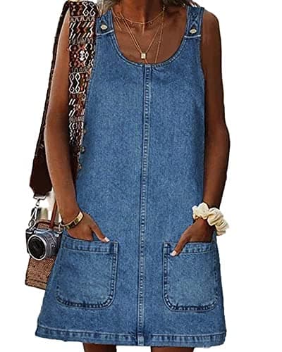 BZB Women's Casual Sleeveless Denim Overall Dress with Pockets — Mid Blue