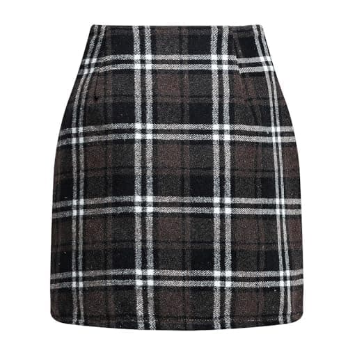 Womens High Waisted Wool Plaid Mini Skirt — 01-coffee
