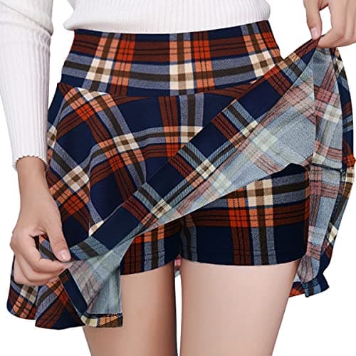 DJT Women's Flared Pleated Mini Skater Skirt with Shorts — Navy Plaid