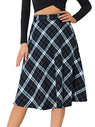 Allegra K Women's Vintage Tartan A-Line Midi Skirt — Blue White