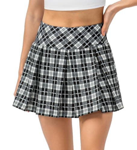 Amxiway Women's Pleated Mini Plaid Skort for Tennis & Golf — Black Plaid