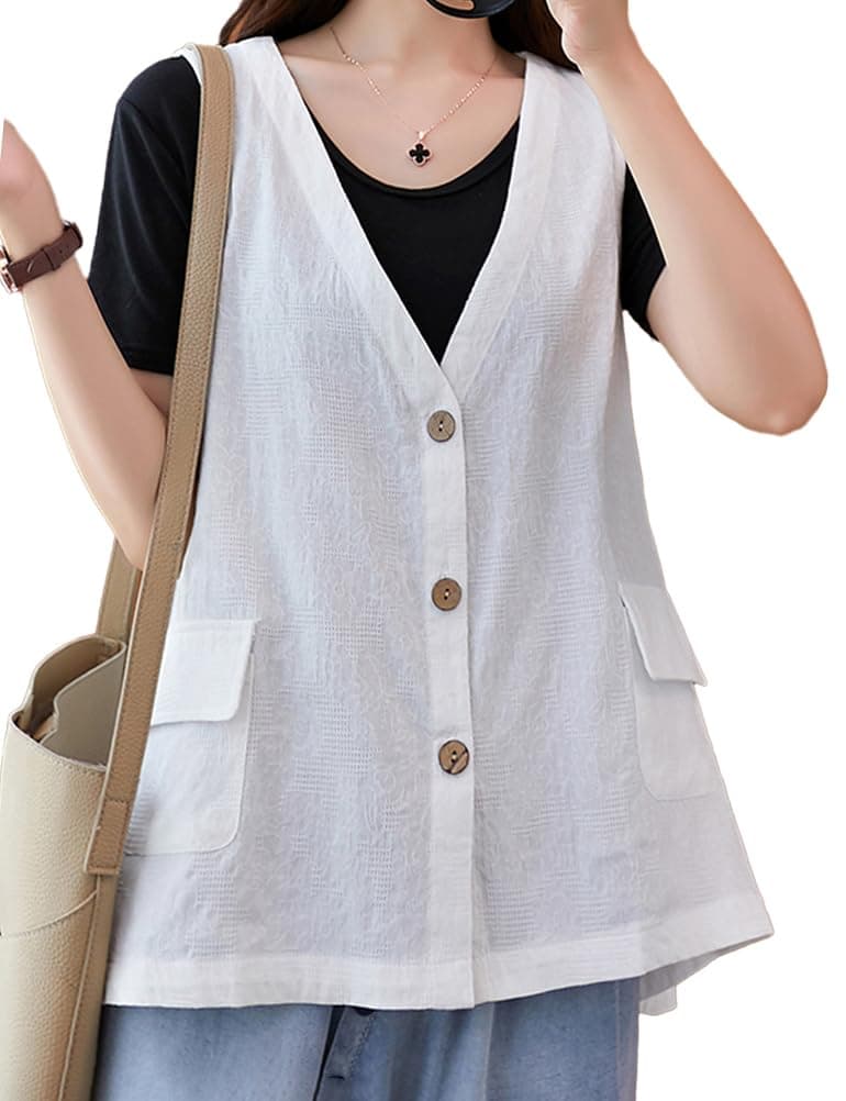 Womens Linen Vest Casual Loose Fit Button Down Sleeveless Blazer