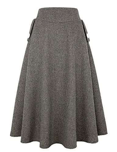 Women's High Waisted Wool Plaid A-line Skirt for Fall/Winter — Coffee