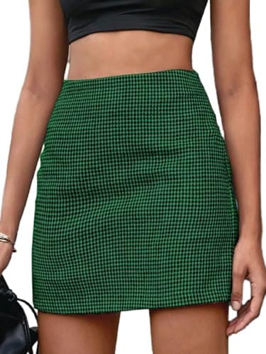 MakeMeChic Women's High Waist Houndstooth Mini Zipper Bodycon Skirt
