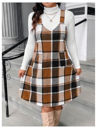 Floerns Plus Size Women's Plaid Sleeveless Pinafore Dress