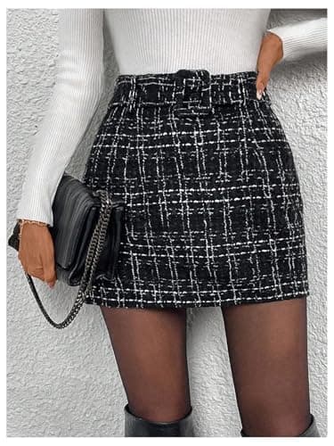 Milumia Women's Plaid High-Waisted Straight Mini Skirt with Tweed Belt