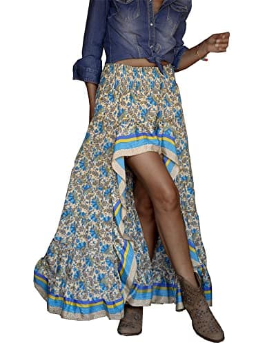 BTFBM Women's 2025 Summer Floral Print Elastic Waist High-Low Boho Maxi Skirt — X-blue