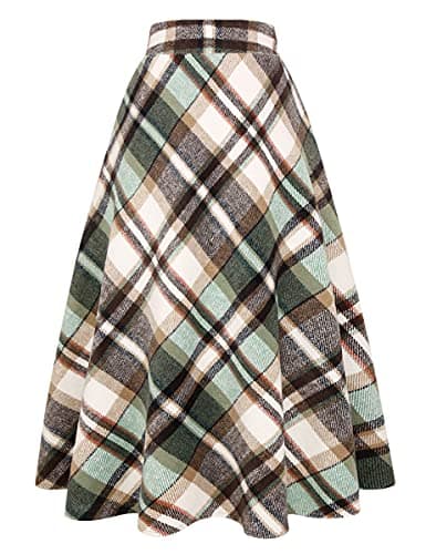 Women's Long Plaid Wool Skirt for Winter: High Waisted A-line Flare — Green 02