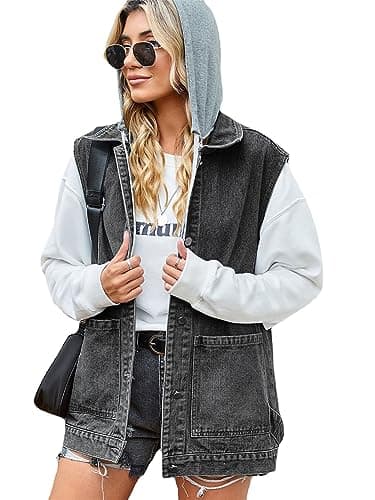 PAODIKUAI Women's Oversized Distressed Denim Vest Jackets — A5-black With Hood
