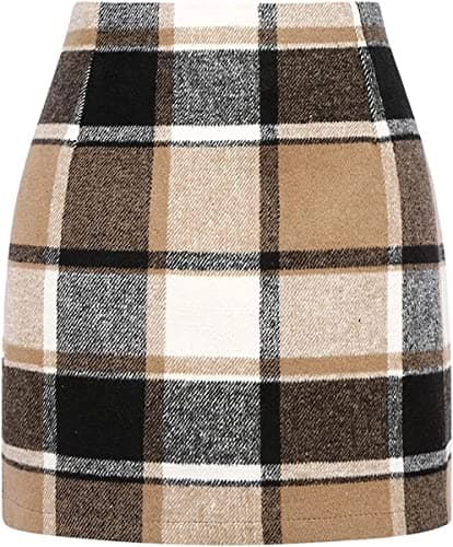 Women's High Waist Plaid Wool Mini Skirt — Deep Khaki