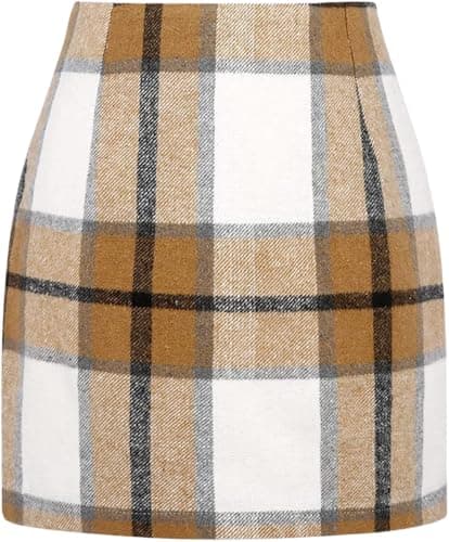 Women's High Waist Plaid Wool Mini Skirt — Light Khaki