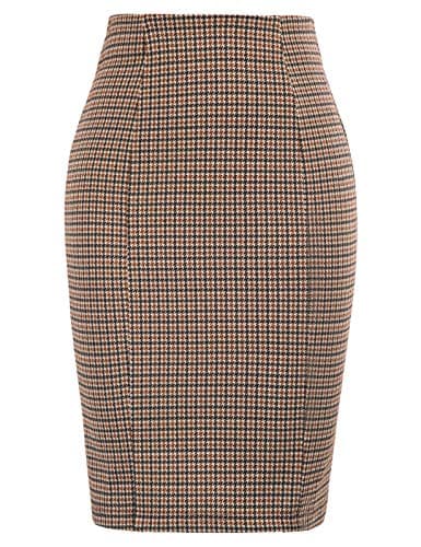 Women's Kate Kasin Knee-Length Elastic Waist Stretch Plaid Business Skirt — Plaid Black Khaki