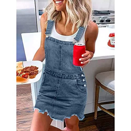 HXHYQKP Classic Denim Adjustable Strap Overall Dress with Suspender Skirt — White