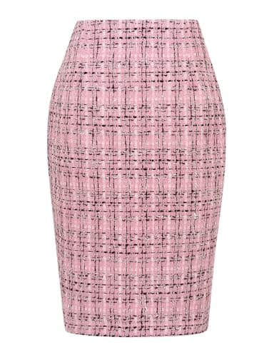Womens Plaid Wool Pencil Skirt for Fall and Winter — Tweed Pink New
