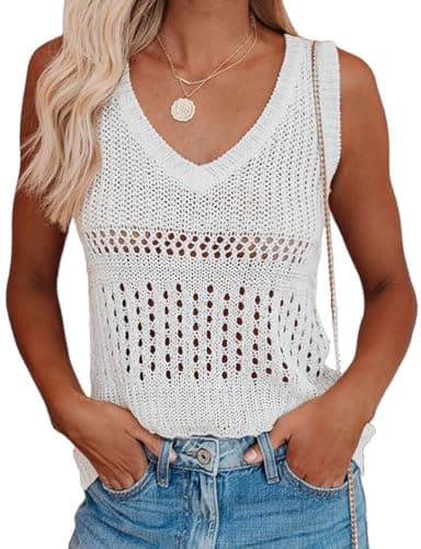 IDEALSANXUN Women's V-Neck Sleeveless Pullover Knit Sweater Top — White