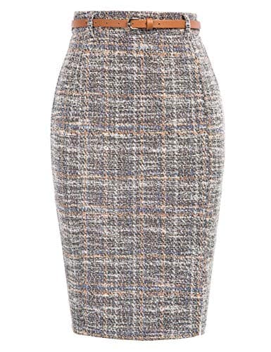 Women's Tweed Pencil Skirt with Slit and Belt — Tweed-grey