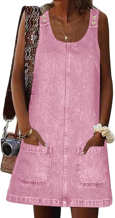 HUEOBIR Denim Overall Dress for Women Round Neck Skirtall Jean — Hot Pink