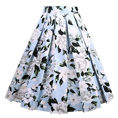 Girstunm Women's Floral Print A-line Midi Skirt with Pockets — Blue-white Flowers